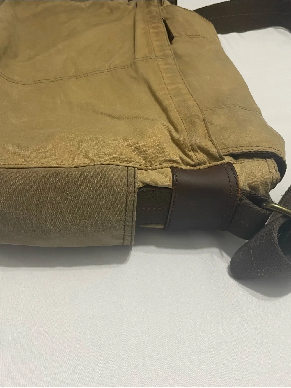 Vintage Fossil Tan Canvas Messenger Bag with Leather Trim Y2K Style